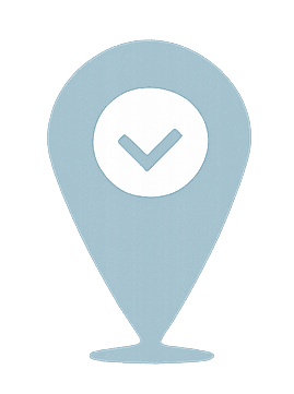 Blue location pin icon with a white check mark inside a circle.