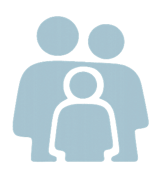 Silhouettes of a family with two adults and one child against a white background.